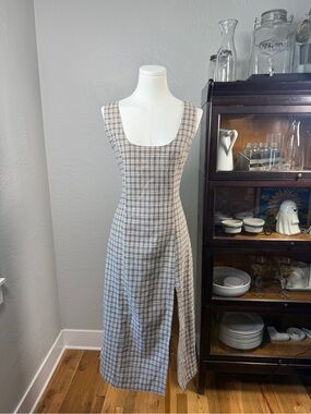 Lulus Plaid Midi Dress Sleeveless Side Slit Beige Gray Bodycon Size M